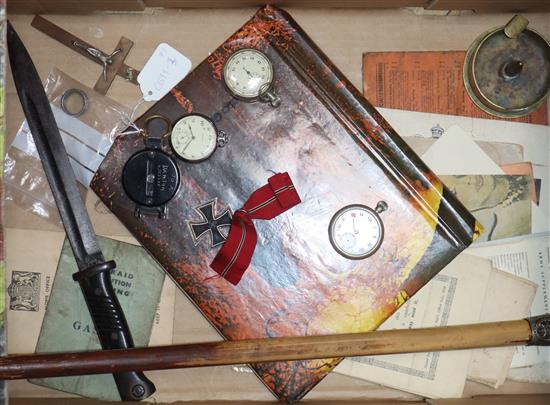 WWI/WWII Interest: Ephemera, including a Zeppelin, 1.32 aluminium ring, other WWI official press photos, Army Service Corps stick,